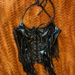 SHEIN Black Faux Leather Lace-Up Crop Top